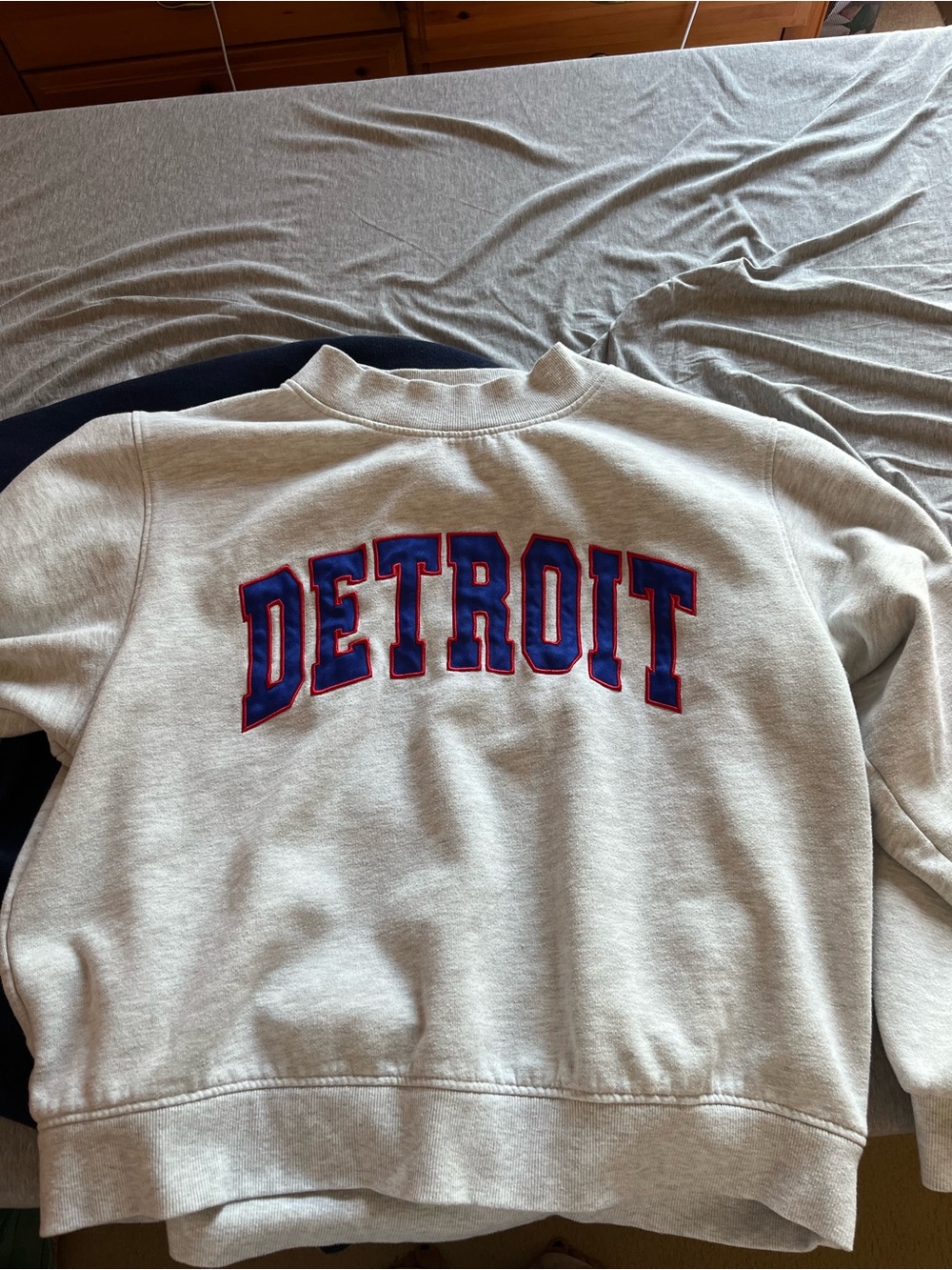 Grey Mock Neck Sweatshirt with Blue and Red 'DETROIT' Applique
